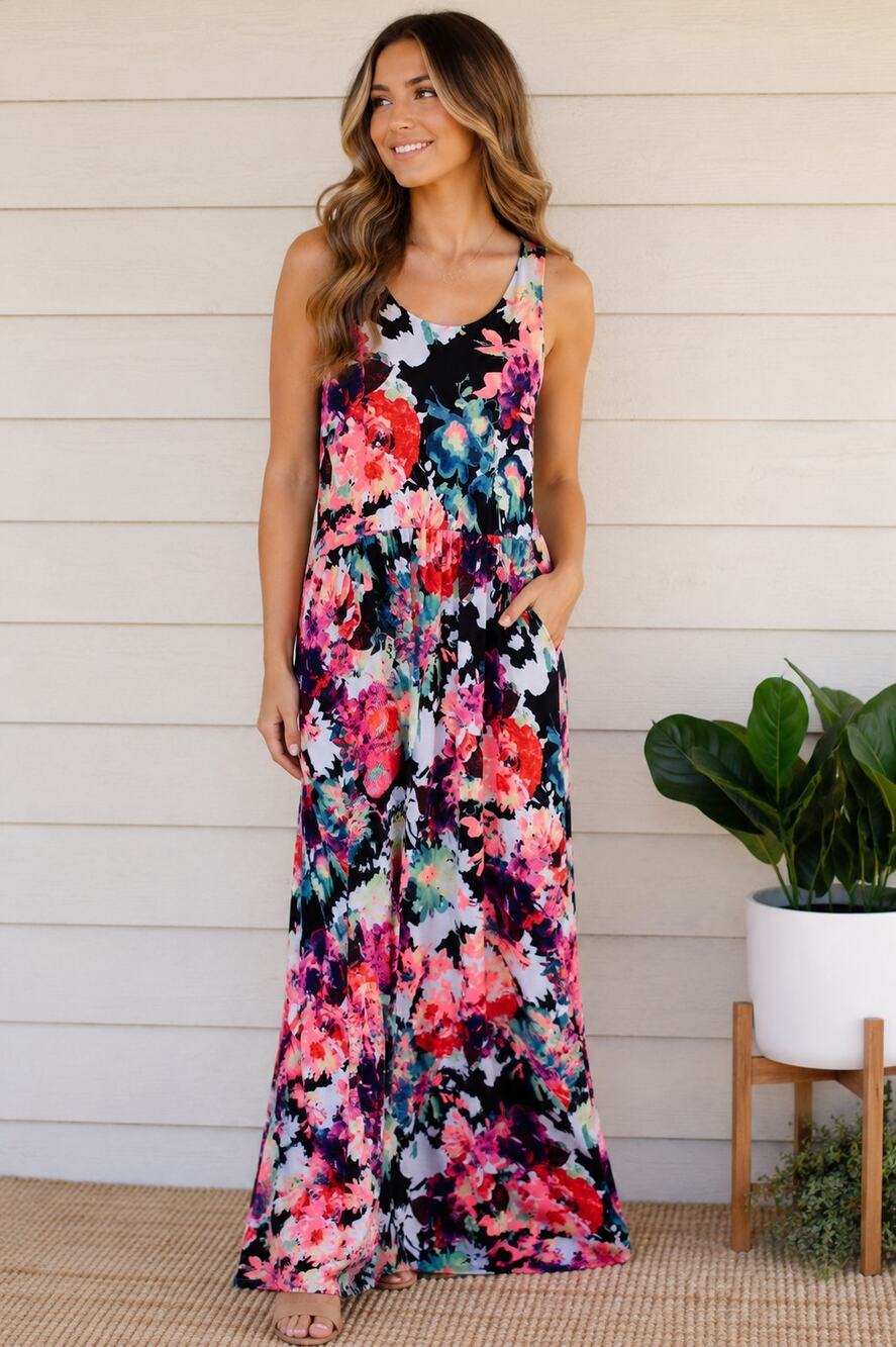 Bellamie Floral Maxi Dress Sleeveless Racerback Women's Size M/L